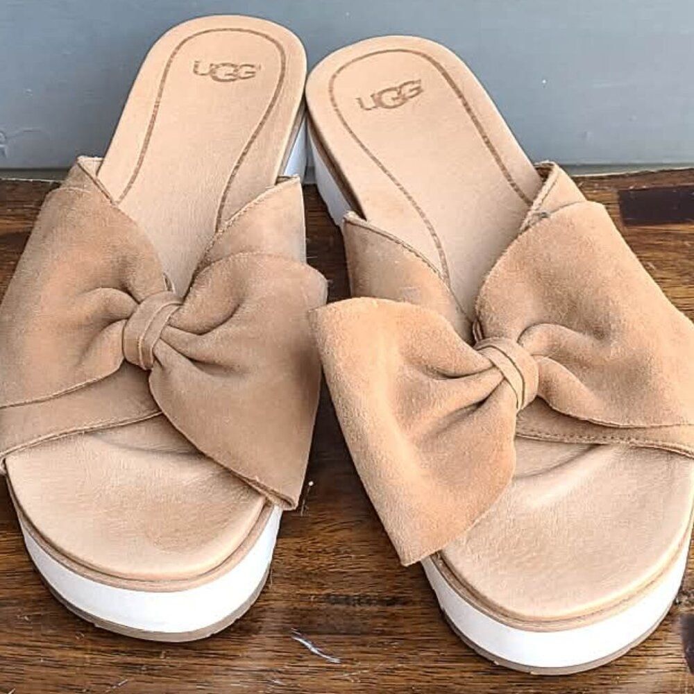 UGG Joan II Chestnut Suede Bow Platform Sandal size 8 LIKE NEW - Picture 7 of 9